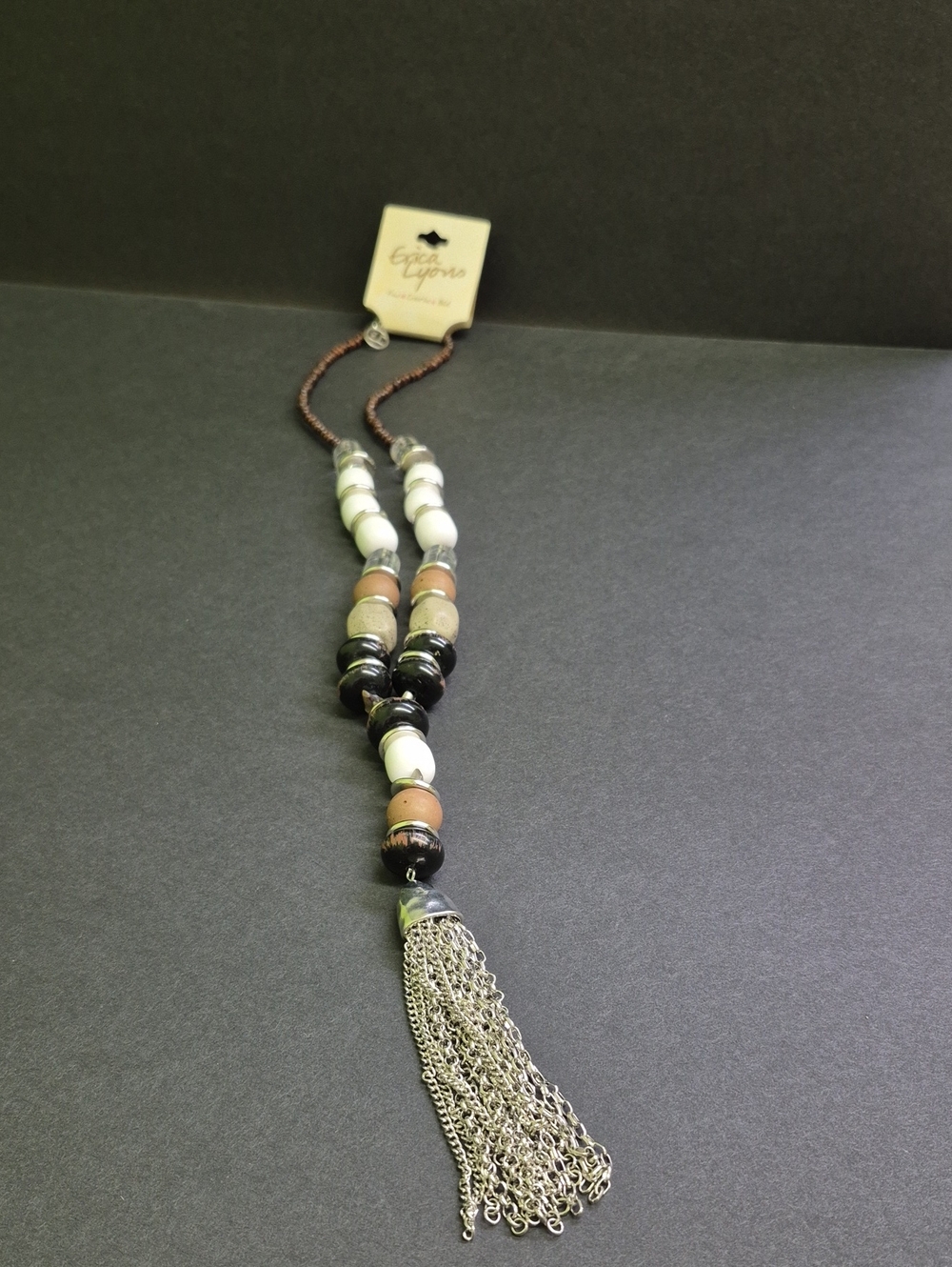 Erica Lyons Acrylic And Wood Multi-Bead Chain Tassel Necklace Nuetral Tones 19"